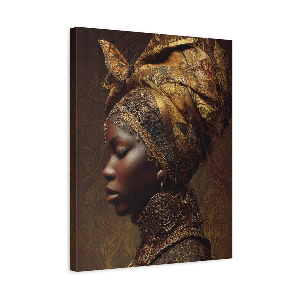 African Woman Wall Art Canvas Print – Gold Headwrap Portrait, Black Woman Art, Boho Neutral Modern Home Decor