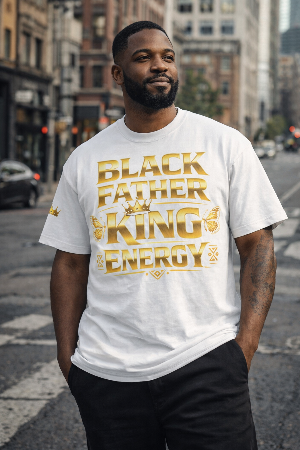 Black Father King Energy T-Shirt – Afrocentric Dad Tee, Black King Dad Shirt, Fatherhood Pride Graphic Tee, Gift for Dad
