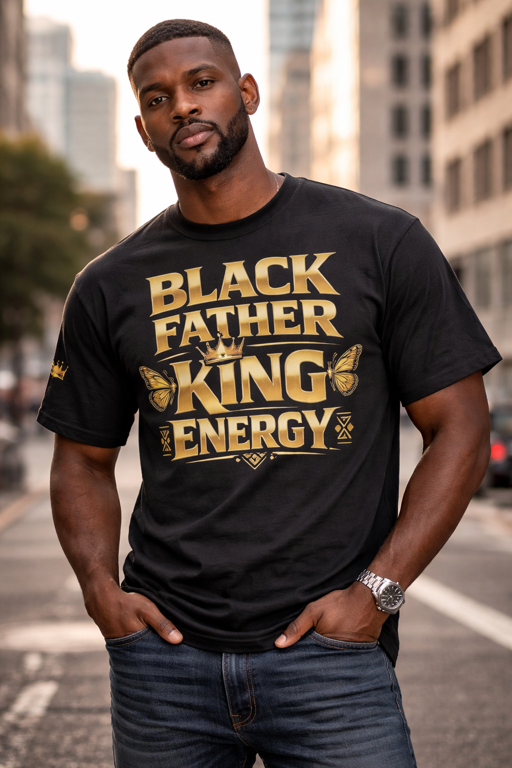 Black Father King Energy T-Shirt – Afrocentric Dad Tee, Black King Dad Shirt, Fatherhood Pride Graphic Tee, Gift for Dad