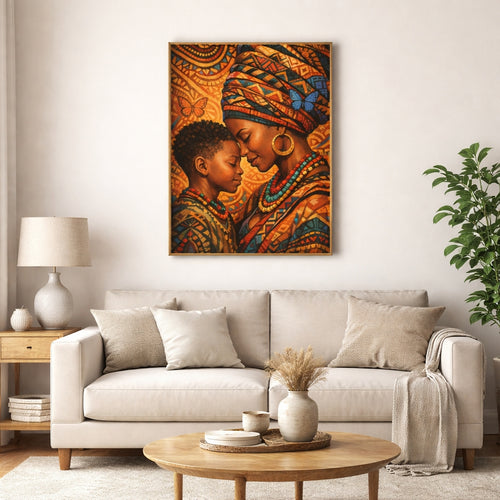 Living room with a beige sofa, coffee table, and decorative wall art of a mother and child.