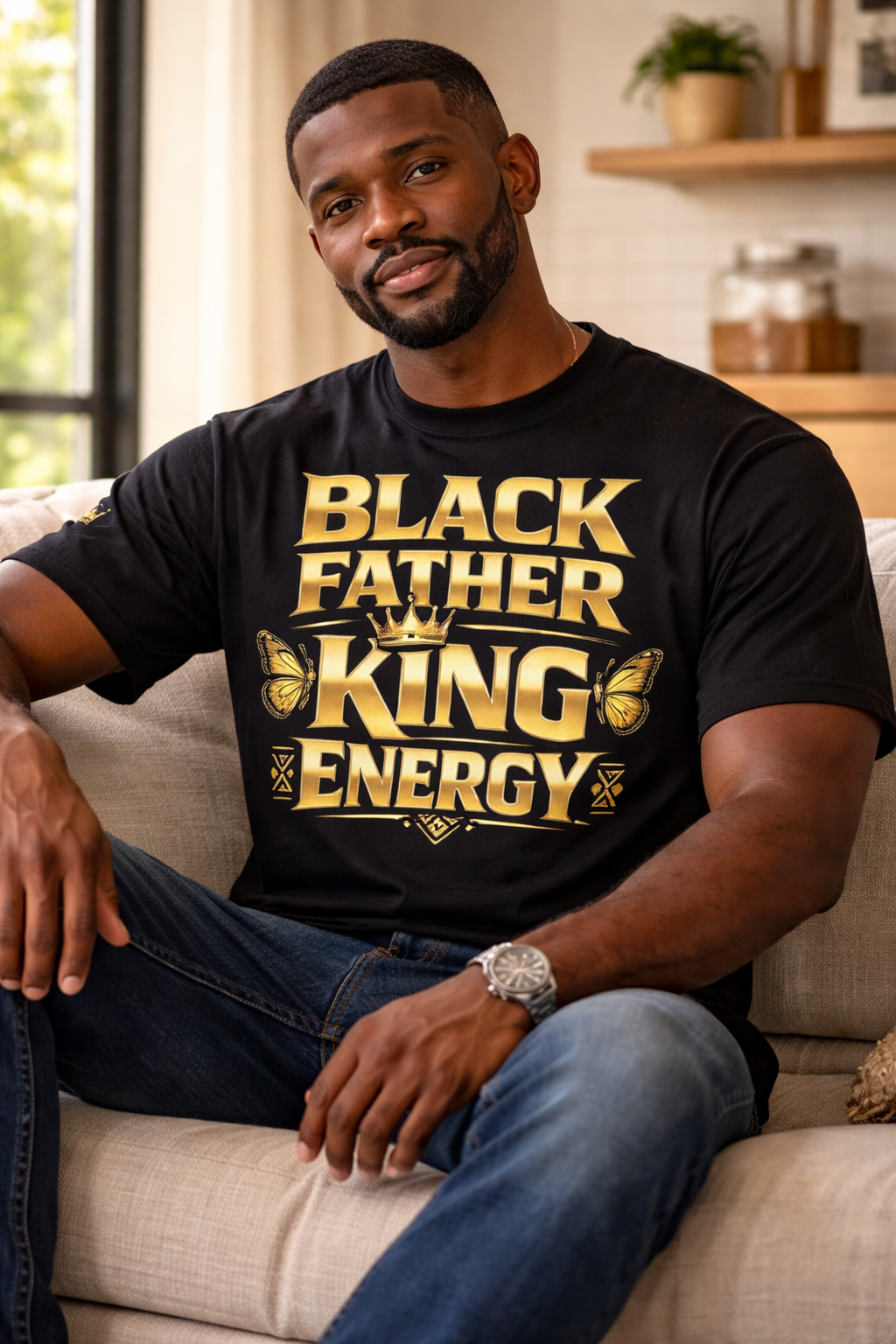 Man wearing a black t-shirt with 'Black Father King Energy' in gold text, sitting on a couch.